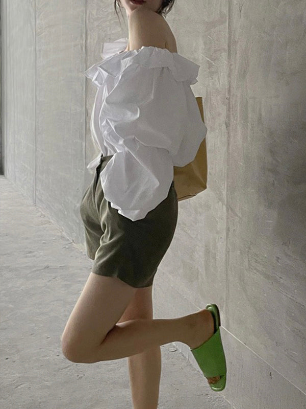 Fashion Slanted Shoulder Design Puff Sleeve Top