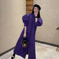 Vintage Purple Puff Sleeve Loose Shirt Dress