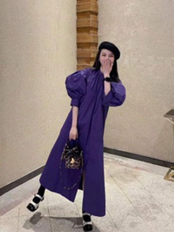 Vintage Purple Puff Sleeve Loose Shirt Dress