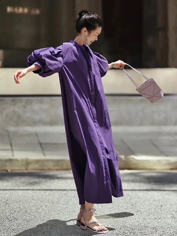 Vintage Purple Puff Sleeve Loose Shirt Dress