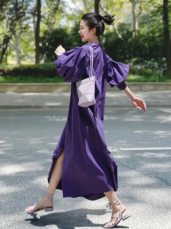 Vintage Purple Puff Sleeve Loose Shirt Dress
