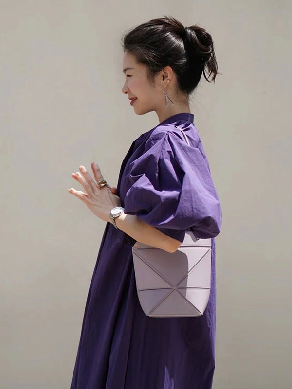 Vintage Purple Puff Sleeve Loose Shirt Dress