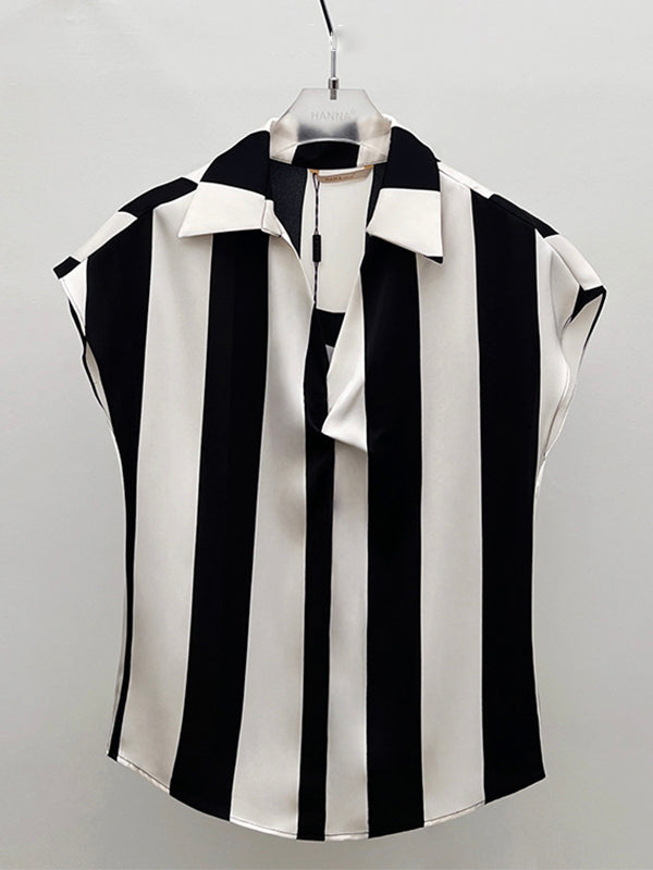 Black and White Striped V-neck Shirt Top