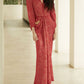 Red Traditional Hollow Long Sleeve V-Neck Dress