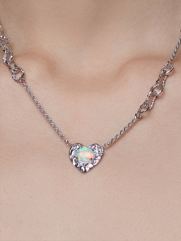 Heart Shape Synthetic Opal Necklace Stud Earrings Ring Ear Clip
