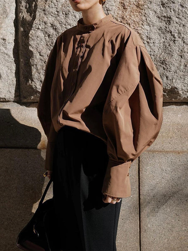 Balloon Sleeve Stand Collar Shirt Top