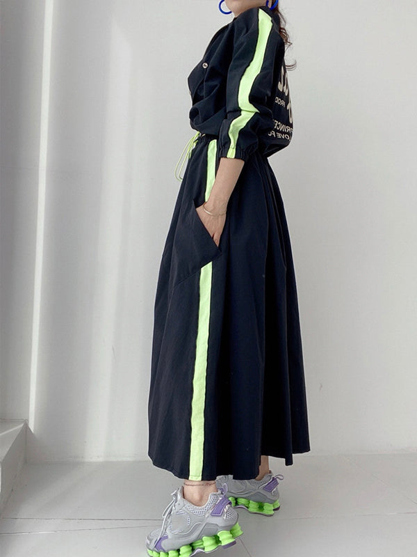 Personalized Print Color Contrast Short Coat + High Waist Pocket Large Swing Skirt Suit