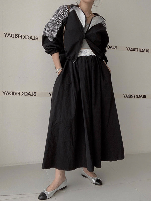 Stand Collar Color Contrast Stitching Patch Short Coat + High Waist Long Skirt Suit