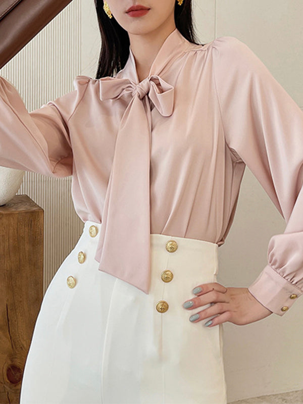 Bow Ribbon Long Sleeve Satin Shirt Top