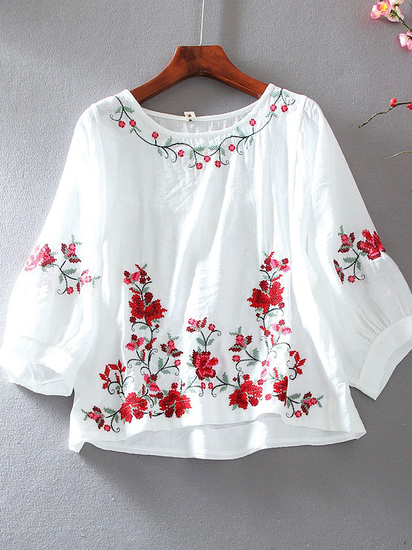 Loose Round Neck Pullover Embroidered Half Sleeve Shirt Blouse