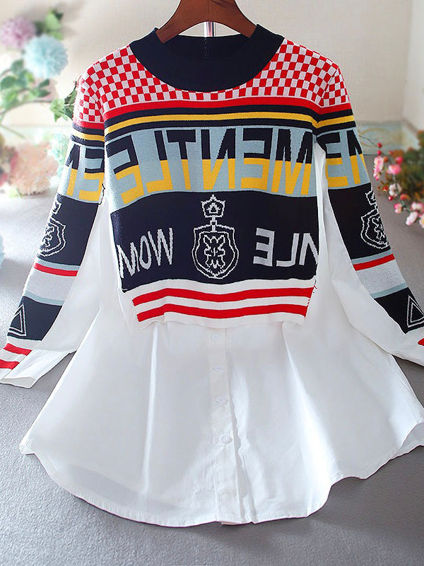 Fashion Loose Knit Stitching Contrast Color False Two-piece Set