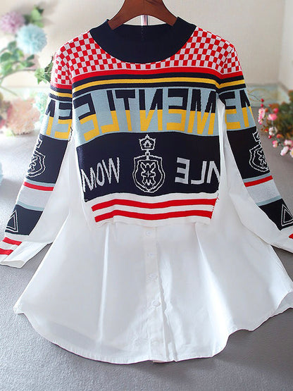 Fashion Loose Knit Stitching Contrast Color False Two-piece Set