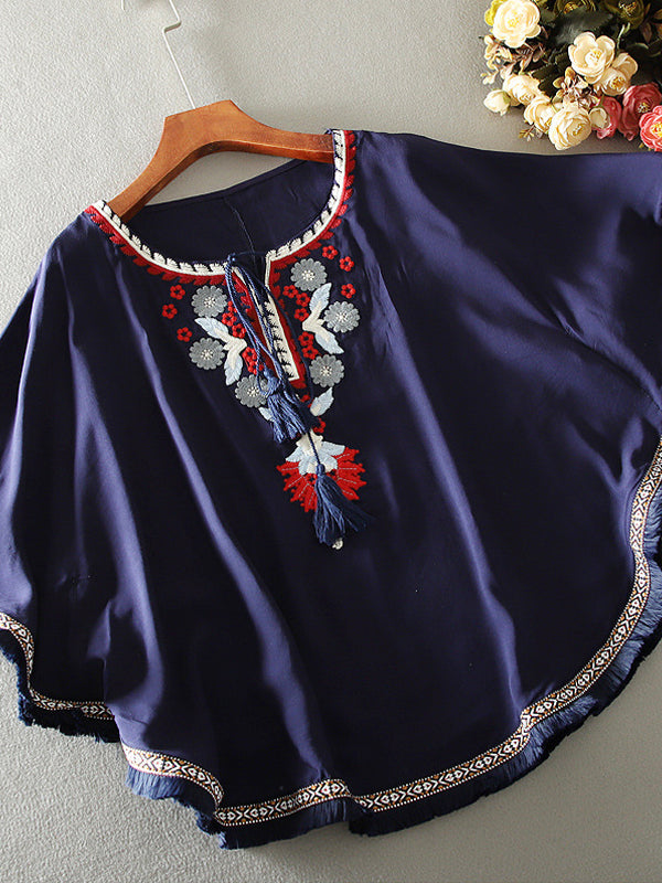 Loose Cape Dolman Sleeve Vintage Embroidered Floral Shirt Top