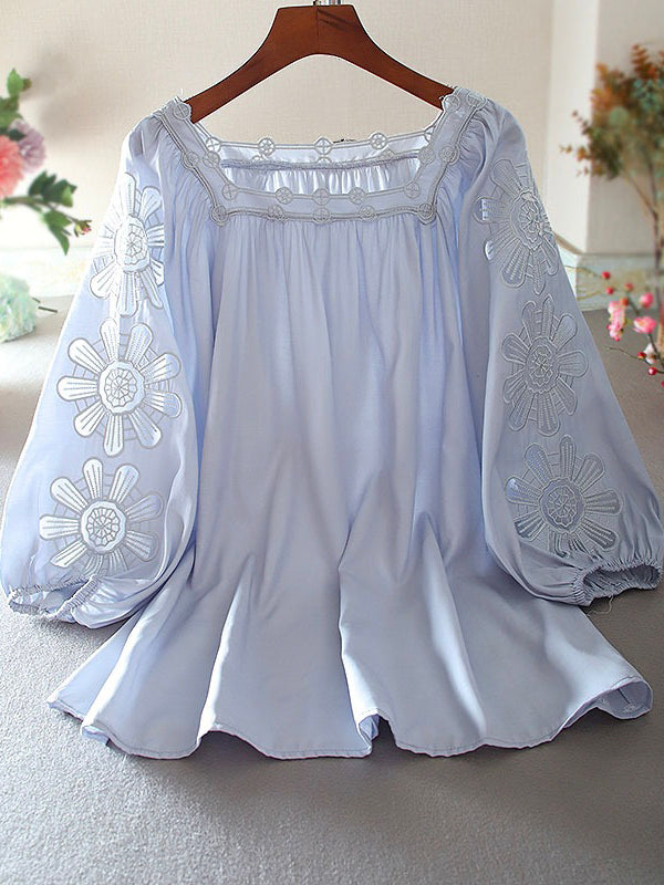 Embroidered Hollow Ruffle Loose Balloon Sleeve Shirt Blouse