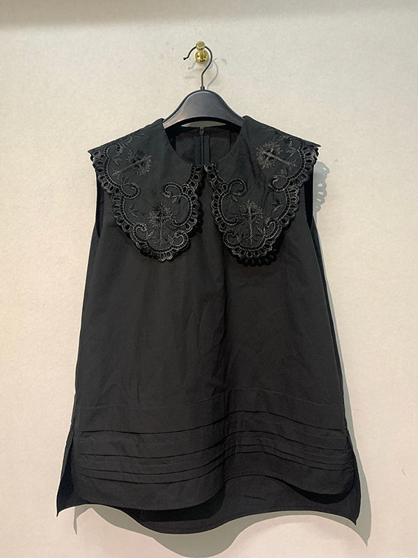 Embroidered Hollow Lace Large Lapel Cotton Sleeveless Shirt