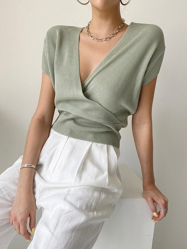 Simple Cotton V-neck Knitted Half-sleeved Top
