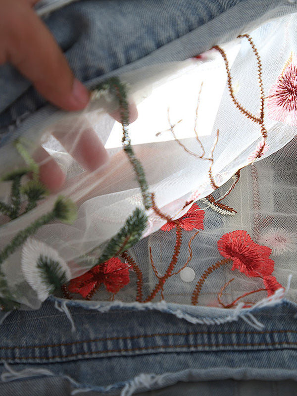 Retro Loose Hollow Hole Embroidered Denim Jacket