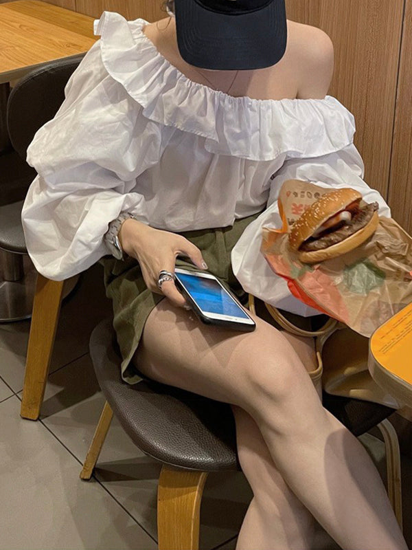 Fashion Slanted Shoulder Design Puff Sleeve Top