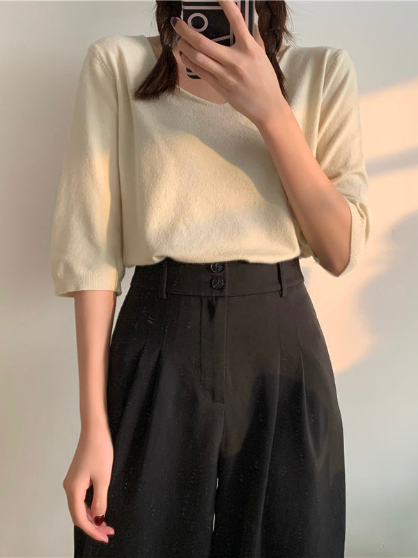 Fashion Loose Solid Color V-neck Half Sleeve Sweater Top