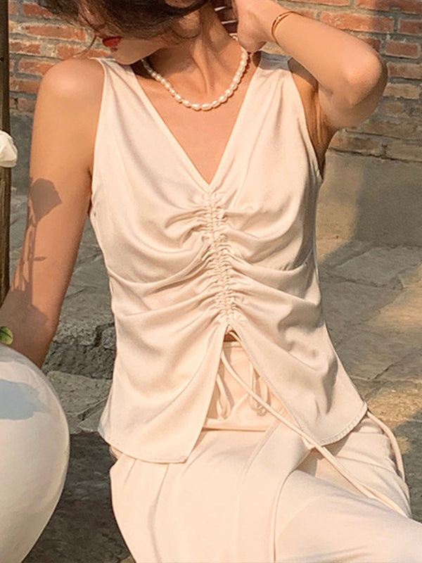 Pleated Drawstring Deep V-Neck Top