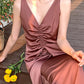 Pleated Drawstring Deep V-Neck Top