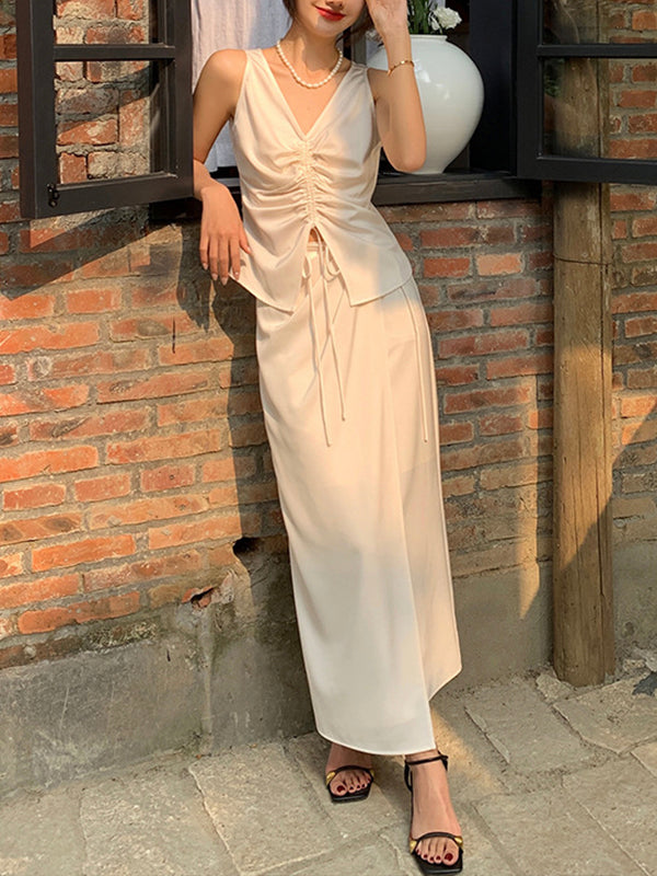 Pleated Drawstring Deep V-Neck Top