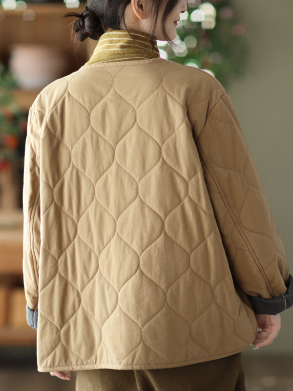 Fashionable Retro Rhombus Quilted Cotton Jacket