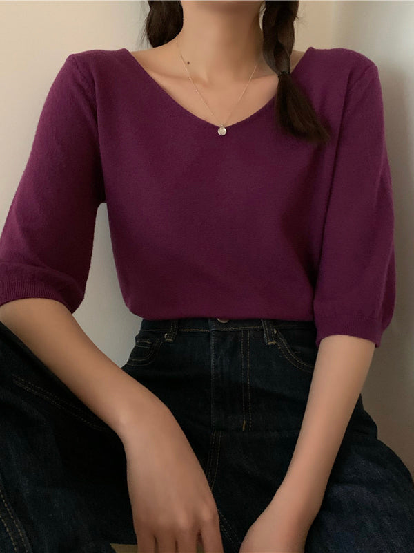 Fashion Loose Solid Color V-neck Half Sleeve Sweater Top