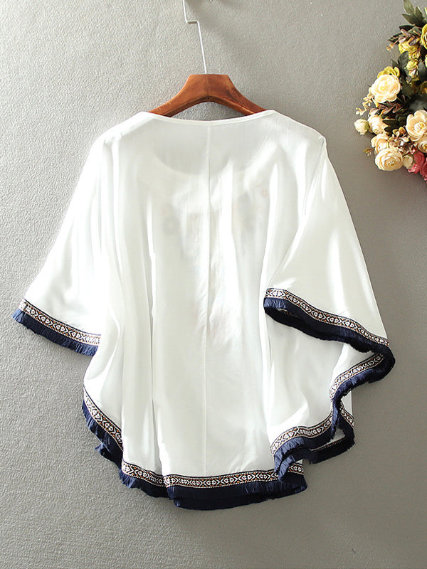 Loose Cape Dolman Sleeve Vintage Embroidered Floral Shirt Top