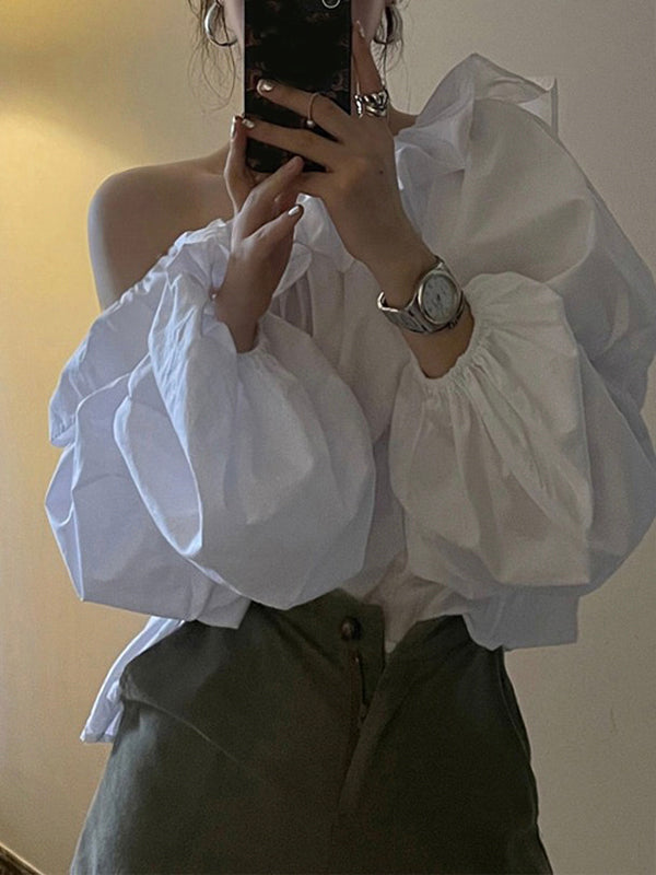 Fashion Slanted Shoulder Design Puff Sleeve Top