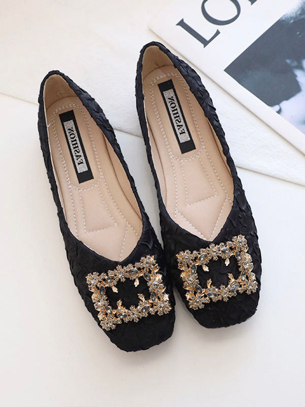 Solid Color Flat Square Buckle Pleated Low Heels Shoes