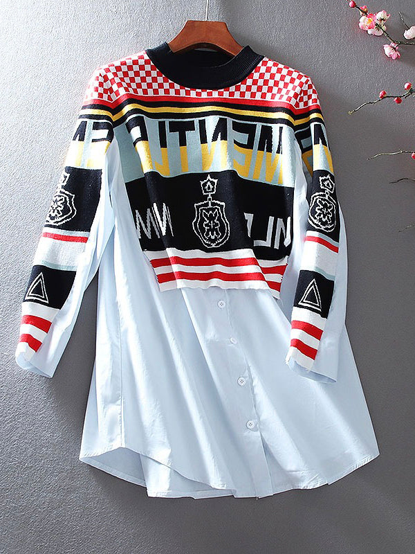 Fashion Loose Knit Stitching Contrast Color False Two-piece Set