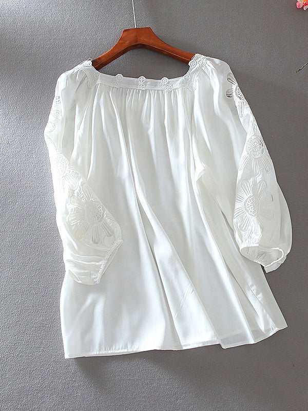 Embroidered Hollow Ruffle Loose Balloon Sleeve Shirt Blouse
