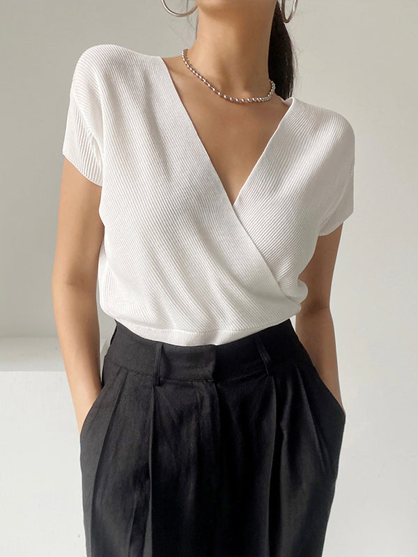 Simple Cotton V-neck Knitted Half-sleeved Top