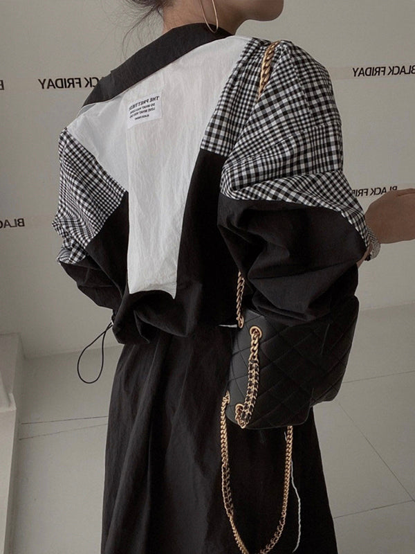 Stand Collar Color Contrast Stitching Patch Short Coat + High Waist Long Skirt Suit