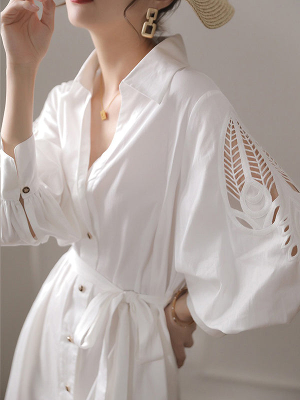 White Urban Tie Puff Sleeve V-Neck Shirt Dress