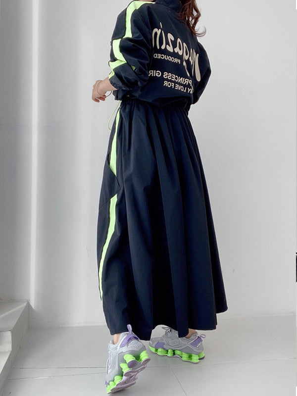 Personalized Print Color Contrast Short Coat + High Waist Pocket Large Swing Skirt Suit