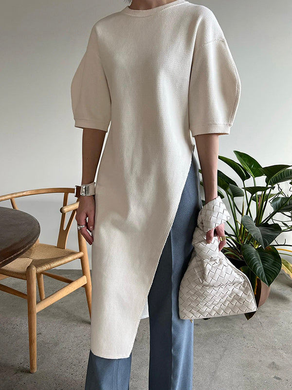 Spring Fashion Loose Solid Color Round Neck Slit Top
