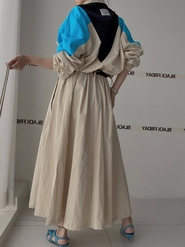 Stand Collar Color Contrast Stitching Patch Short Coat + High Waist Long Skirt Suit