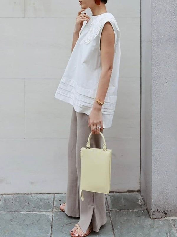 Embroidered Hollow Lace Large Lapel Cotton Sleeveless Shirt