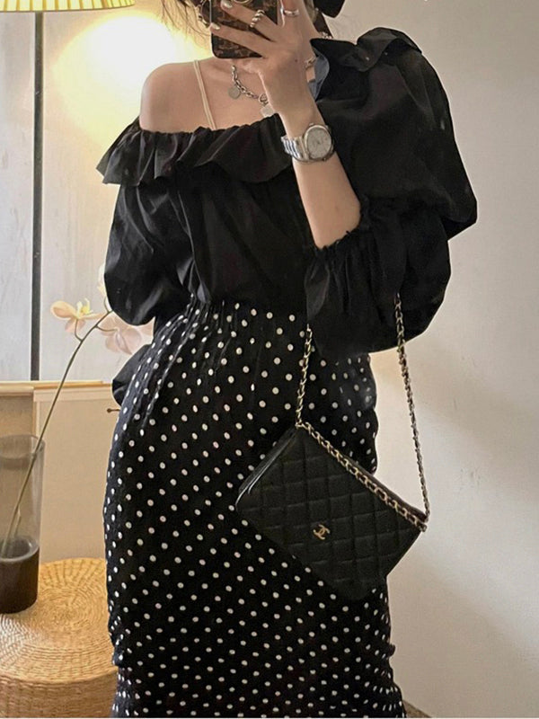 Fashion Slanted Shoulder Design Puff Sleeve Top