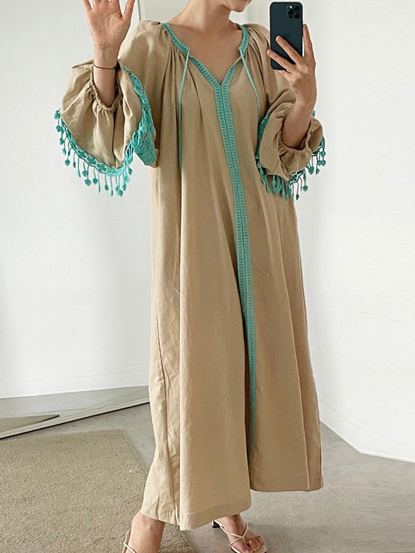Retro V-Neck Contrasting Trim Stitching Lace Tassel Dress