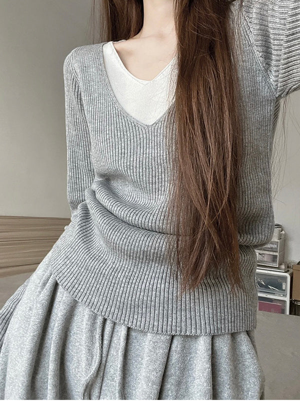 Contrasting Color Stitching Knitted Top&Casual Plush Straight Wide-leg Pants Two-piece Set