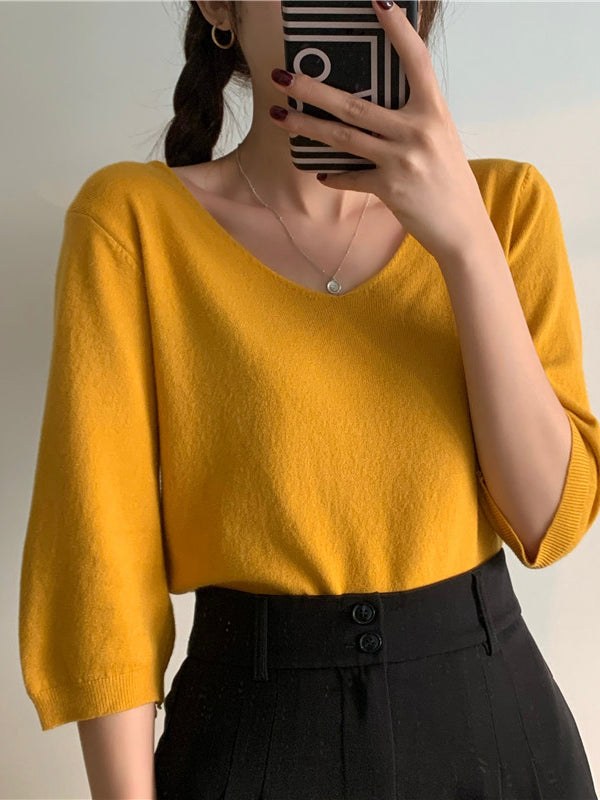 Fashion Loose Solid Color V-neck Half Sleeve Sweater Top