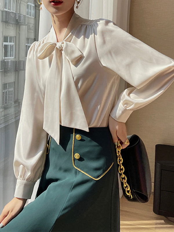 Bow Ribbon Long Sleeve Satin Shirt Top