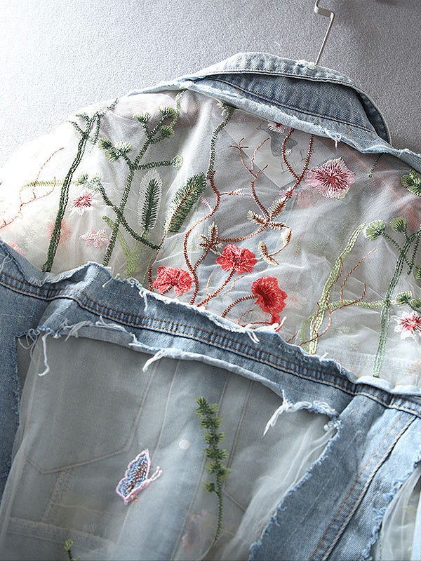 Retro Loose Hollow Hole Embroidered Denim Jacket