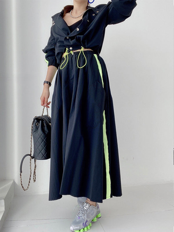 Personalized Print Color Contrast Short Coat + High Waist Pocket Large Swing Skirt Suit