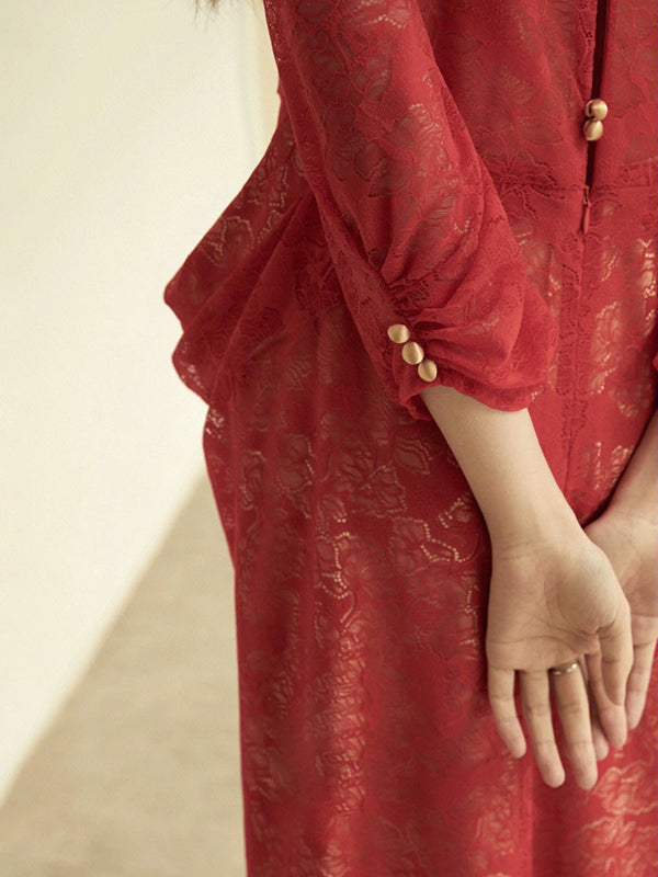 Red Traditional Hollow Long Sleeve V-Neck Dress