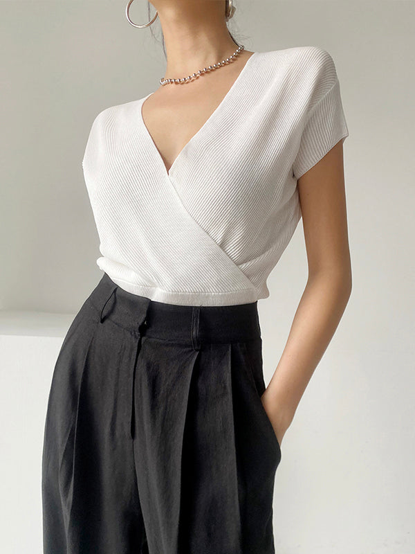 Simple Cotton V-neck Knitted Half-sleeved Top