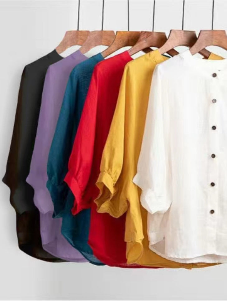 Retro Cotton Linen Lantern Sleeve Top Shirt